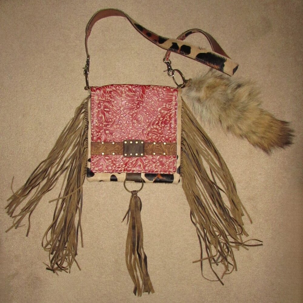 NEW NEVER USED KEEP IT GYPSY Leather Satchel Purse with Fringe and Fox Tail